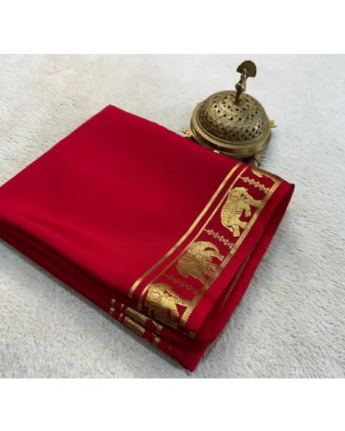 Generic Women's Crepe Chit Pallu Solid Saree With Unstitched Blouse 5.5Mtr (Red)