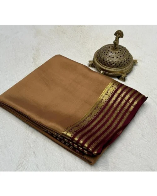 Generic Women's Crepe Chit Pallu Solid Saree With Unstitched Blouse 5.5Mtr (Beige)