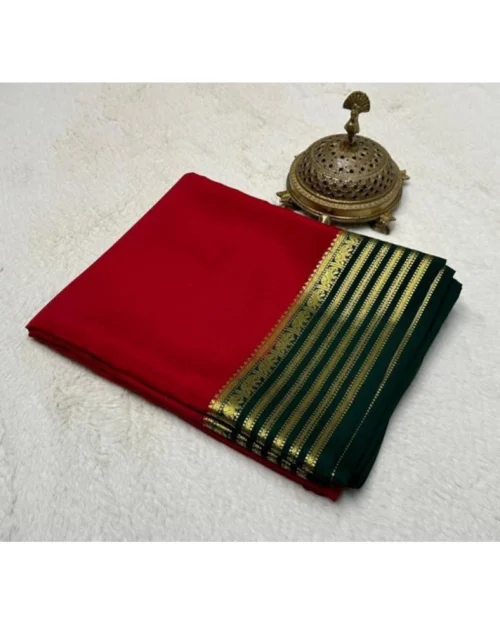 Generic Women's Crepe Chit Pallu Solid Saree With Unstitched Blouse 5.5Mtr (Red)
