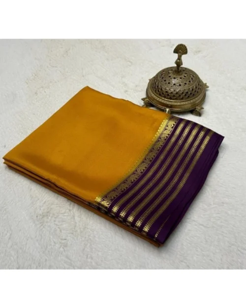 Generic Women's Crepe Chit Pallu Solid Saree With Unstitched Blouse 5.5Mtr (Gold)