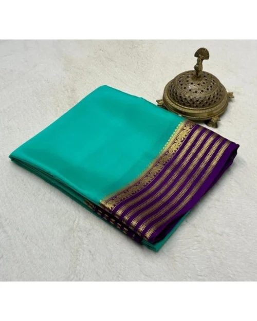 Generic Women's Crepe Chit Pallu Solid Saree With Unstitched Blouse 5.5Mtr (Sky Blue)