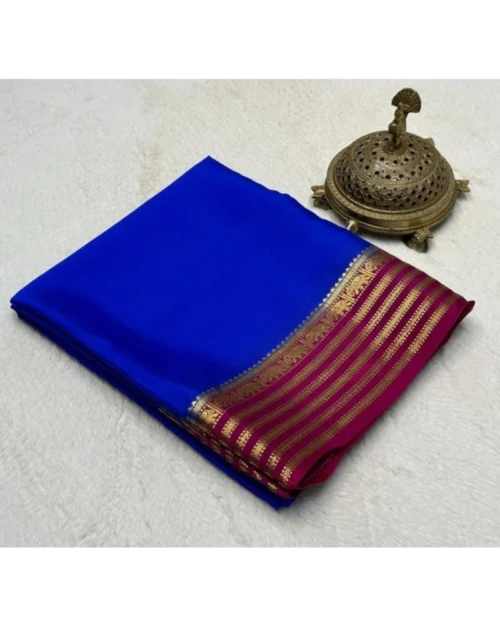 Generic Women's Crepe Chit Pallu Solid Saree With Unstitched Blouse 5.5Mtr (Navy Blue)