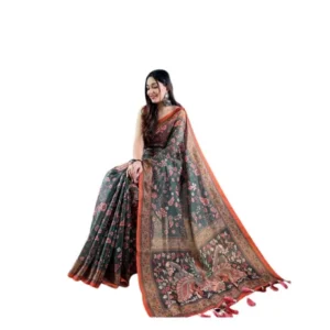 Generic Women's Linen Printed Saree With Unstitched Blouse 5.5Mtr (Green)