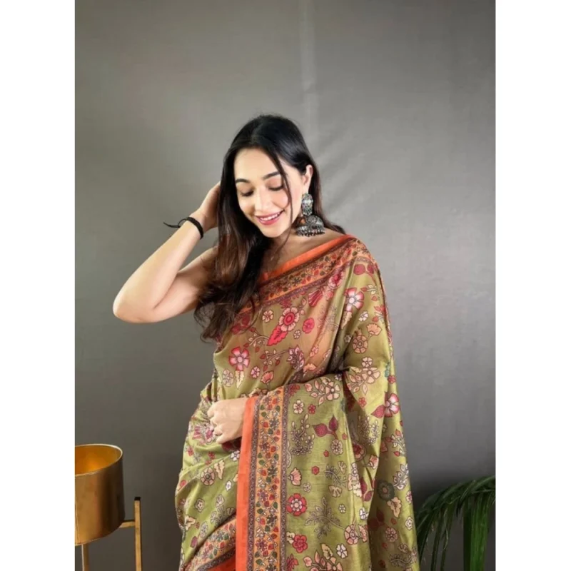 Generic Women's Linen Printed Saree With Unstitched Blouse 5.5Mtr (Sea Green)