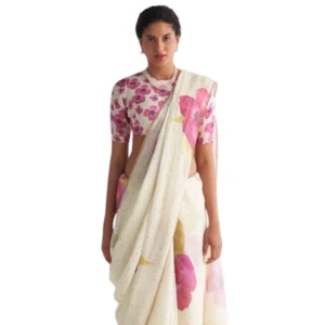 Generic Women's Linen Printed Saree With Unstitched Blouse 5.5Mtr (White)