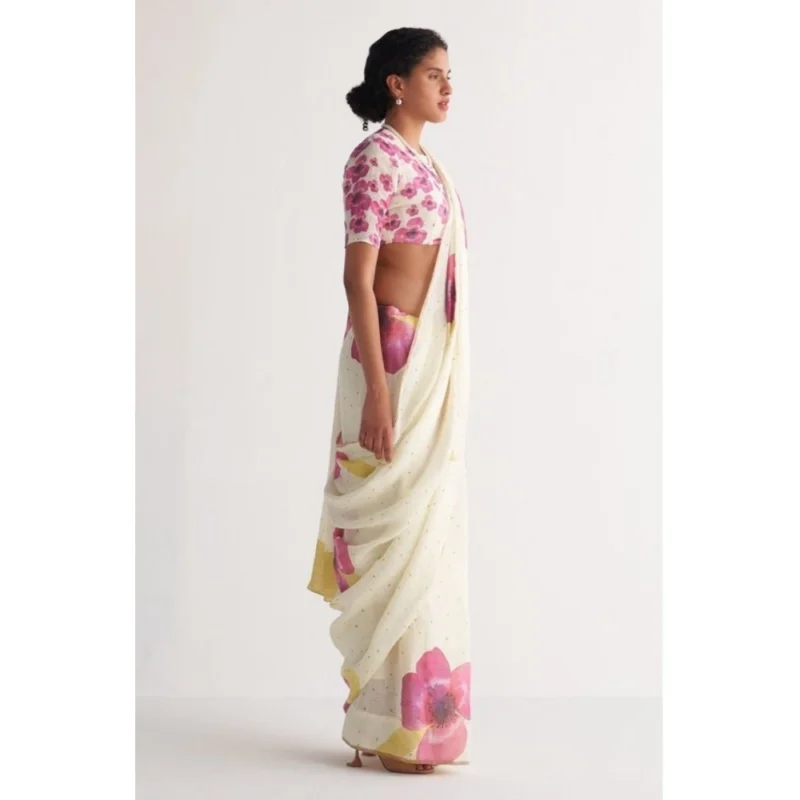 Generic Women's Linen Printed Saree With Unstitched Blouse 5.5Mtr (White)