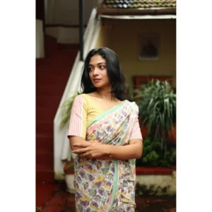 Generic Women's Linen Printed Saree With Unstitched Blouse 5.5Mtr (Multicolor)