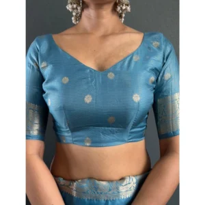 Generic Women's Satin Printed Saree With Unstitched Blouse 5.5Mtr (light Blue)