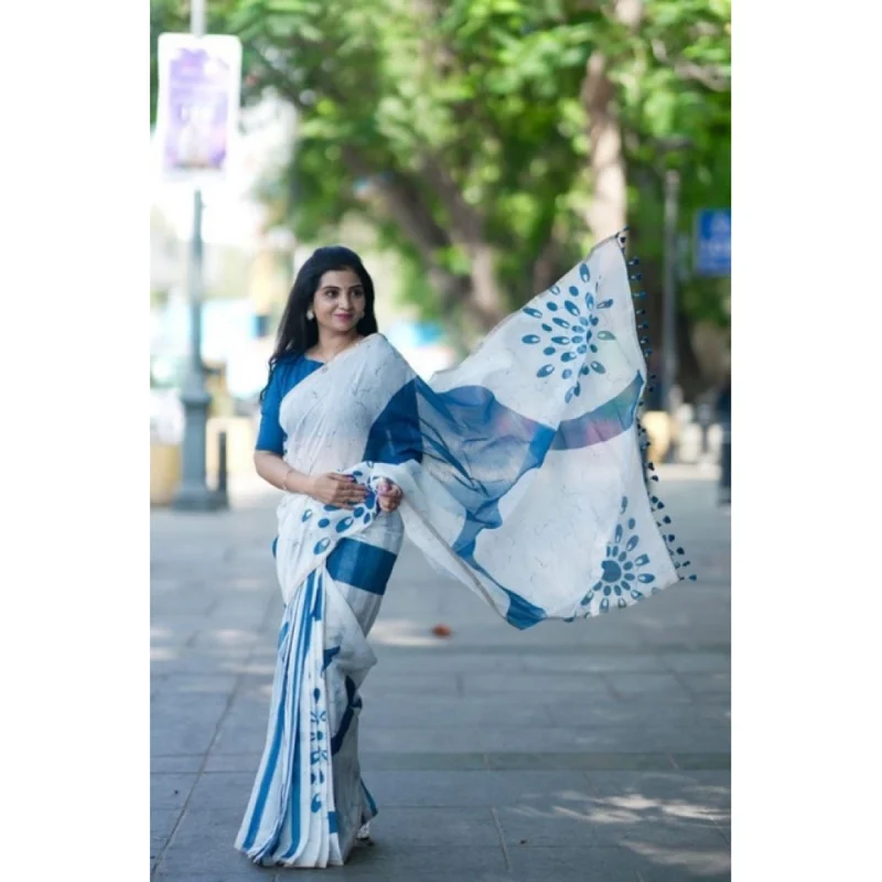 Generic Women's Linen Printed Saree With Unstitched Blouse 5.5Mtr (White)