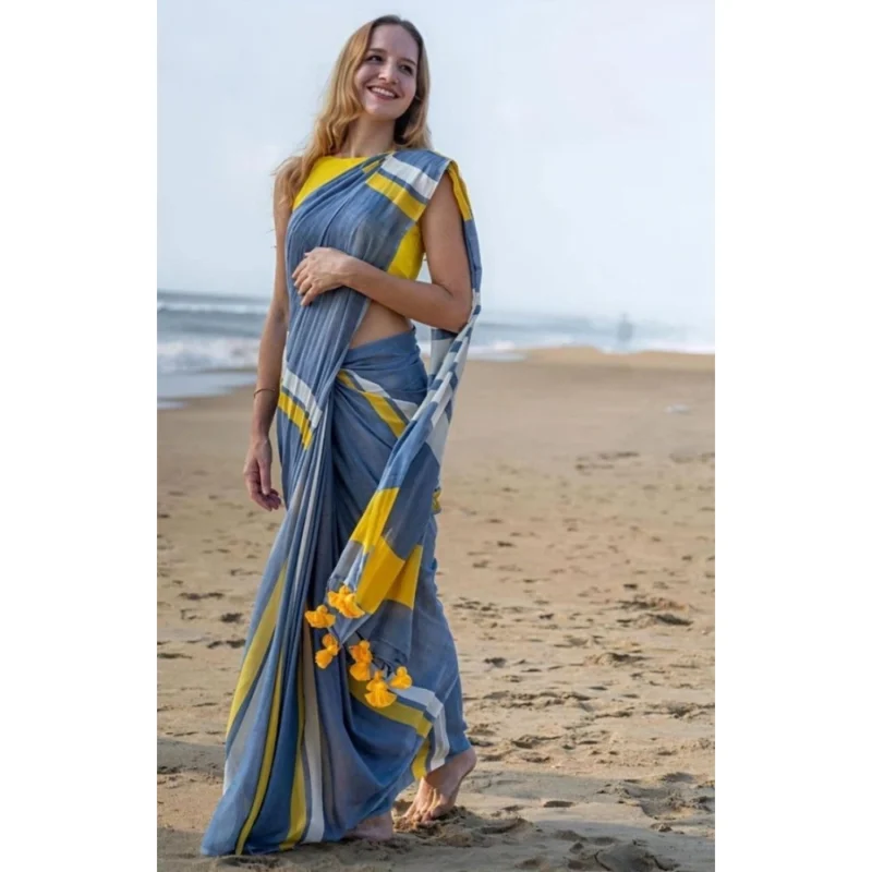 Generic Women's Linen Printed Saree With Unstitched Blouse 5.5Mtr (Blue)