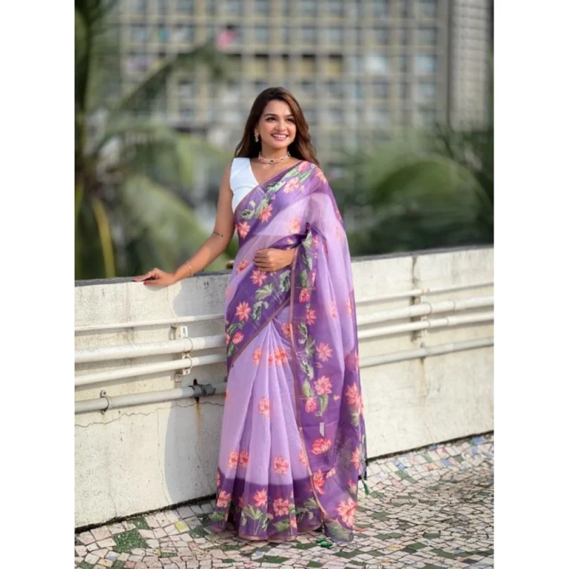 Generic Women's Linen Printed Saree With Unstitched Blouse 5.5Mtr (Purple)