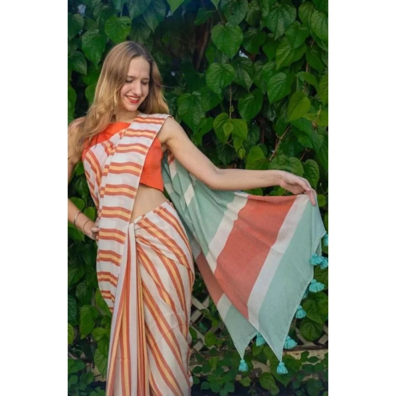 Generic Women's Linen Printed Saree With Unstitched Blouse 5.5Mtr (Orange)