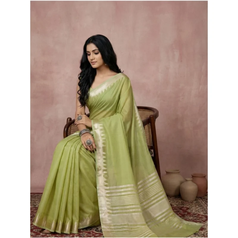 Generic Women's Cotton Printed Saree With Unstitched Blouse 5.5Mtr (Light Green)
