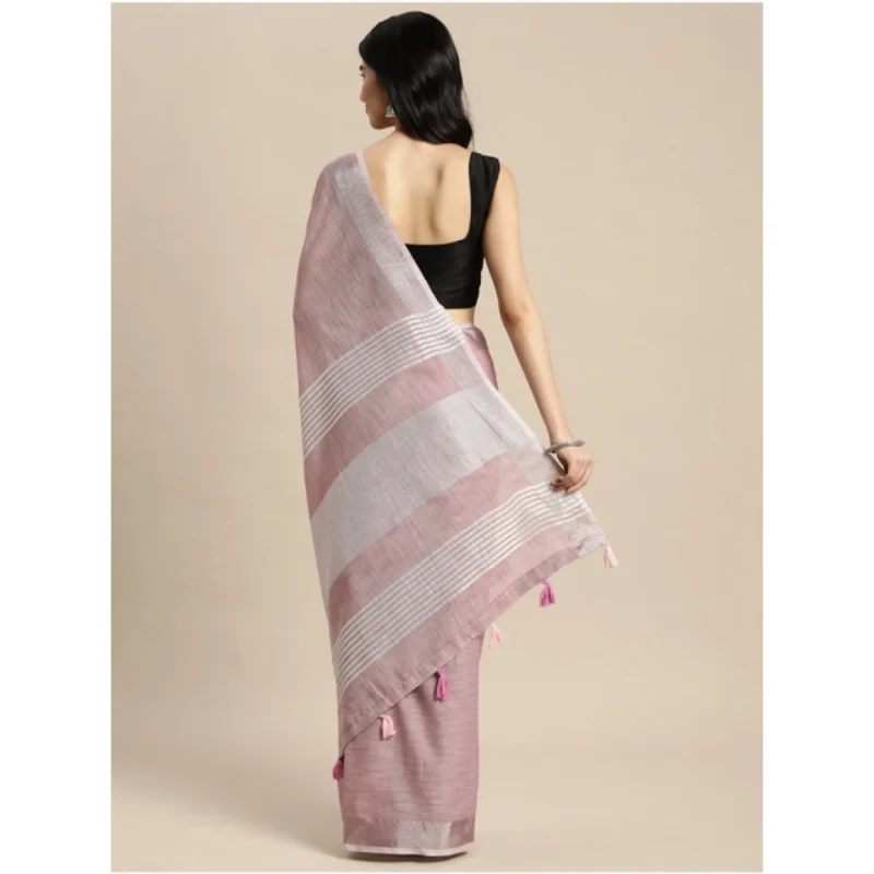 Generic Women's Linen Cotton Printed Saree With Unstitched Blouse 5.5Mtr (Purple)