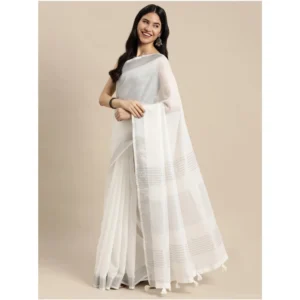 Generic Women's Linen Cotton Printed Saree With Unstitched Blouse 5.5Mtr (White)