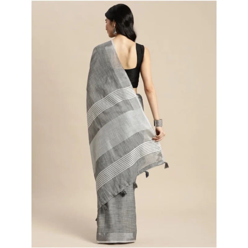 Generic Women's Linen Cotton Printed Saree With Unstitched Blouse 5.5Mtr (Dark Grey)