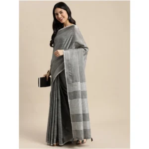 Generic Women's Linen Cotton Printed Saree With Unstitched Blouse 5.5Mtr (Dark Grey)