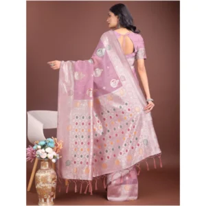 Generic Women's Linen Cotton Printed Saree With Unstitched Blouse 5.5Mtr (Purple)