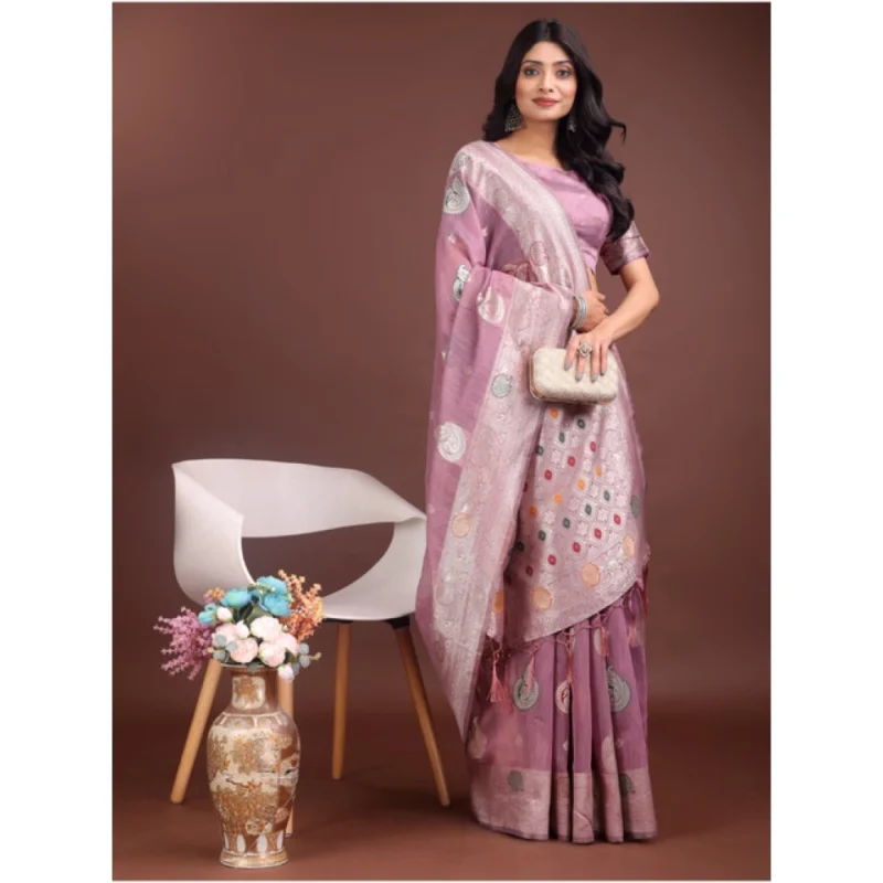 Generic Women's Linen Cotton Printed Saree With Unstitched Blouse 5.5Mtr (Purple)
