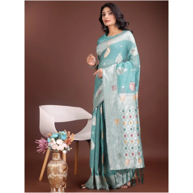 Generic Women's Linen Cotton Printed Saree With Unstitched Blouse 5.5Mtr (Sea Green)