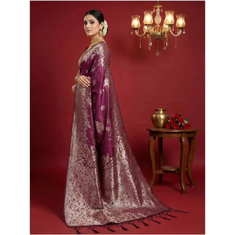 Generic Women's Silk Blend Printed Saree With Unstitched Blouse 5.5Mtr (Purple)