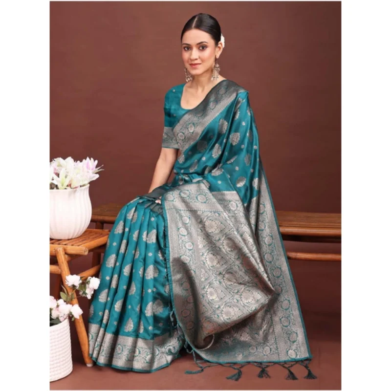 Generic Women's Banarasi Silk Printed Saree With Unstitched Blouse 5.5Mtr (Sea Green)