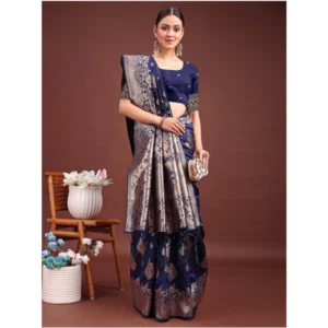 Generic Women's Banarasi Silk Printed Saree With Unstitched Blouse 5.5Mtr (Navy Blue)