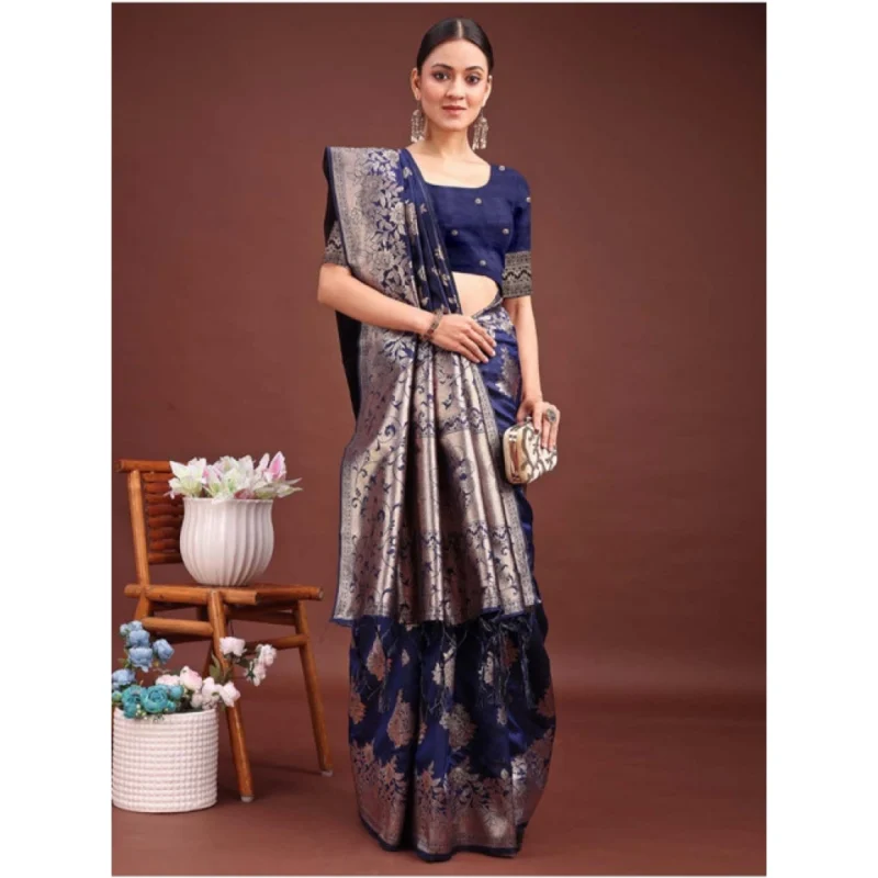 Generic Women's Banarasi Silk Printed Saree With Unstitched Blouse 5.5Mtr (Navy Blue)