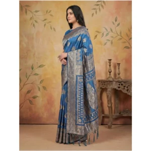 Generic Women's Silk Blend Printed Saree With Unstitched Blouse 5.5Mtr (Sky Blue)