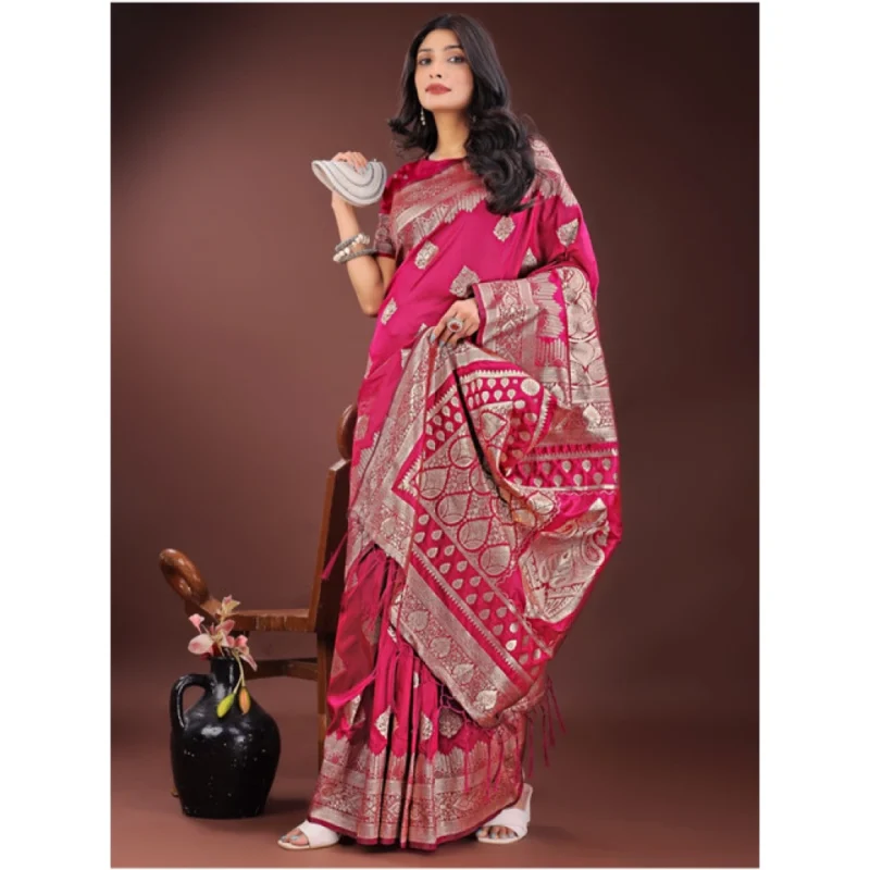 Generic Women's Silk Printed Saree With Unstitched Blouse 5.5Mtr (Magenta)