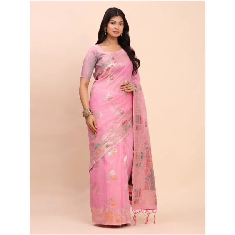 Generic Women's Linen Cotton Printed Saree With Unstitched Blouse 5.5Mtr (Pink)