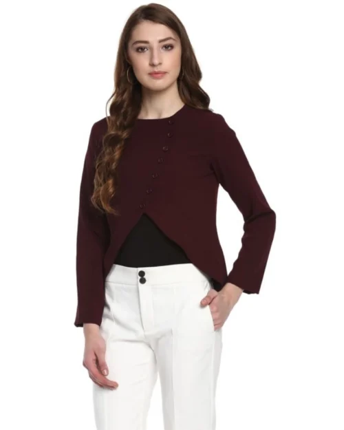 Generic Women's Polyester Diagonal Cut Long Sleeves Blazer (Maroon)