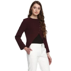 Generic Women's Polyester Diagonal Cut Long Sleeves Blazer (Maroon)