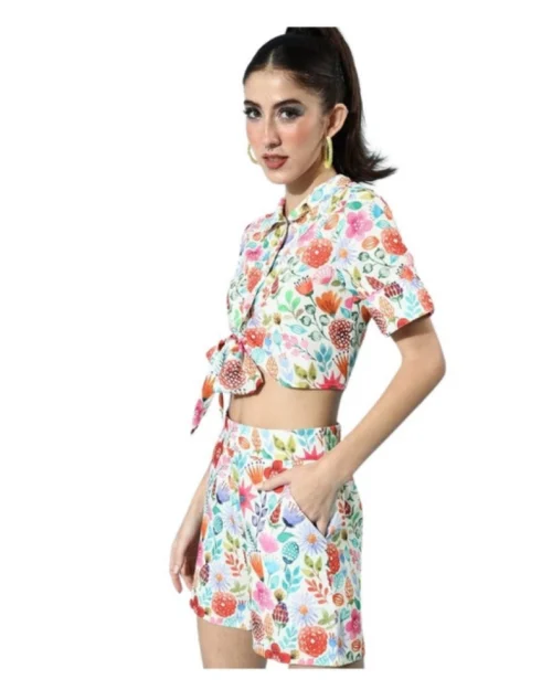 Generic Women's Polyester Floral Short Sleeve Co-Ord Set (Multicolor)