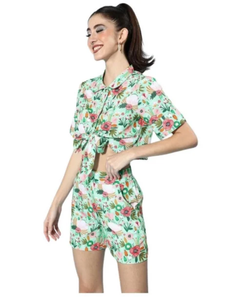Generic Women's Polyester Floral Short Sleeve Co-Ord Set (Multicolor)