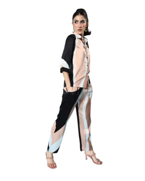 Generic Women's Satin Colour Block Long Sleeves Co-Ord Set (Beige - Black)