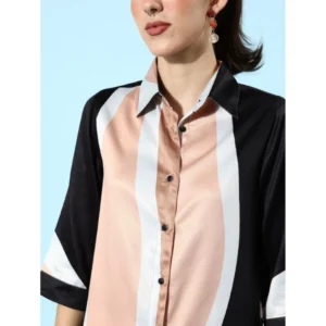 Generic Women's Satin Colour Block Long Sleeves Co-Ord Set (Beige - Black)