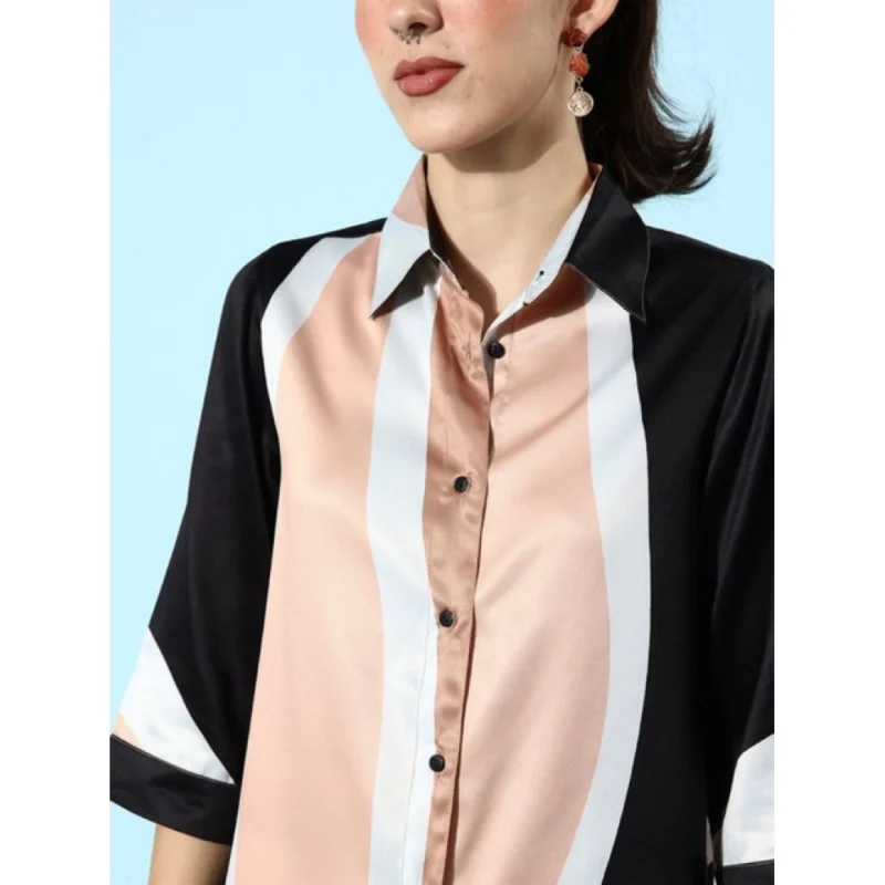 Generic Women's Satin Colour Block Long Sleeves Co-Ord Set (Beige - Black)