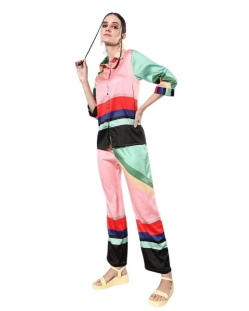 Generic Women's Satin Colour Block Long Sleeves Co-Ord Set (Multicolor)