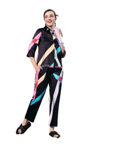 Generic Women's Satin Colour Block Long Sleeves Co-Ord Set (Multicolor)