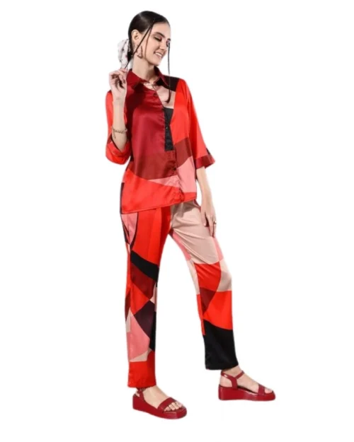 Generic Women's Satin Colour Block Long Sleeves Co-Ord Set (Multicolor)