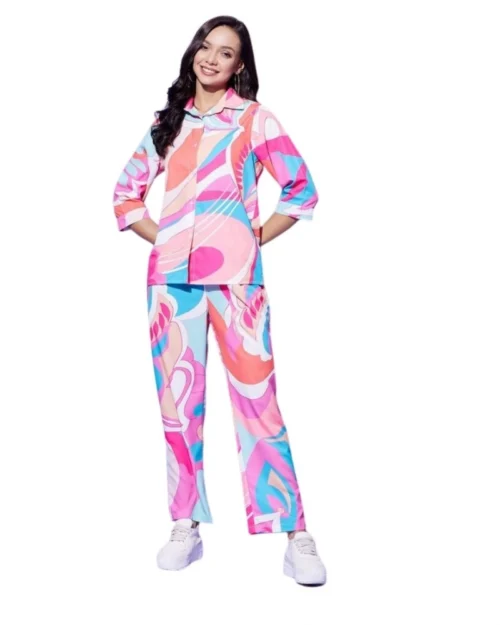 Generic Women's Polyester Printed 3-4th Sleeve Co-Ord Set (Multicolor)