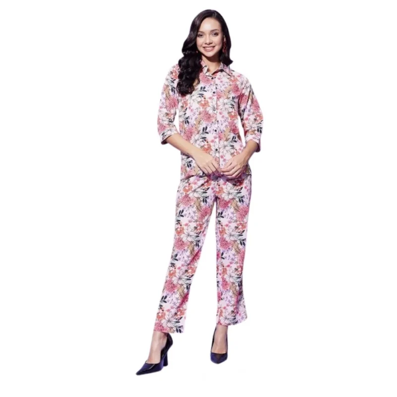 Generic Women's Polyester Floral 3-4th Sleeve Co-Ord Set (Multicolor)