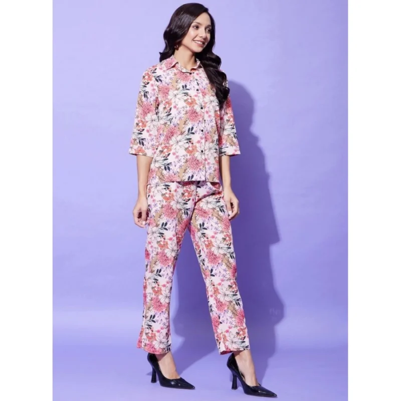 Generic Women's Polyester Floral 3-4th Sleeve Co-Ord Set (Multicolor)