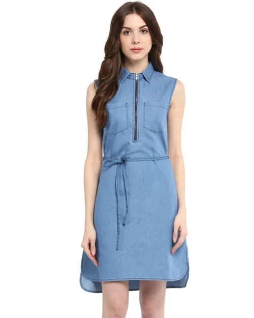 Generic Women's Denim Solid Sleeveless Dress (Blue)