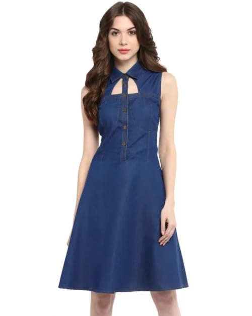 Generic Women's Denim Solid Sleeveless Dress (Navy Blue)