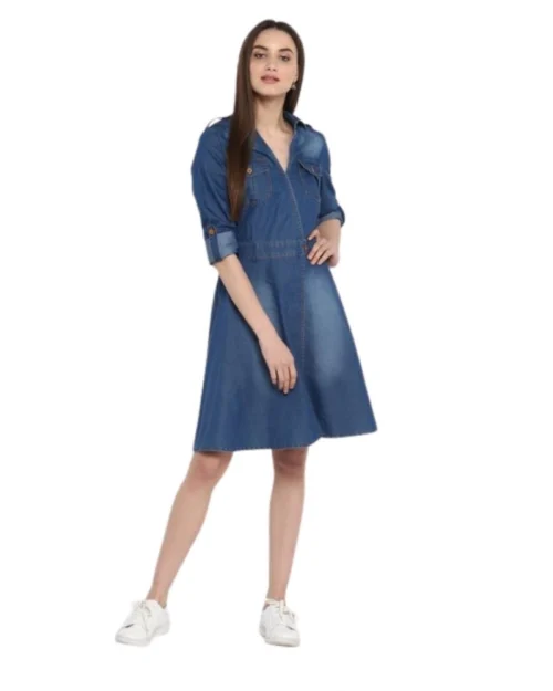 Generic Women's Denim Solid Roll Up Sleeve Dress (Blue)