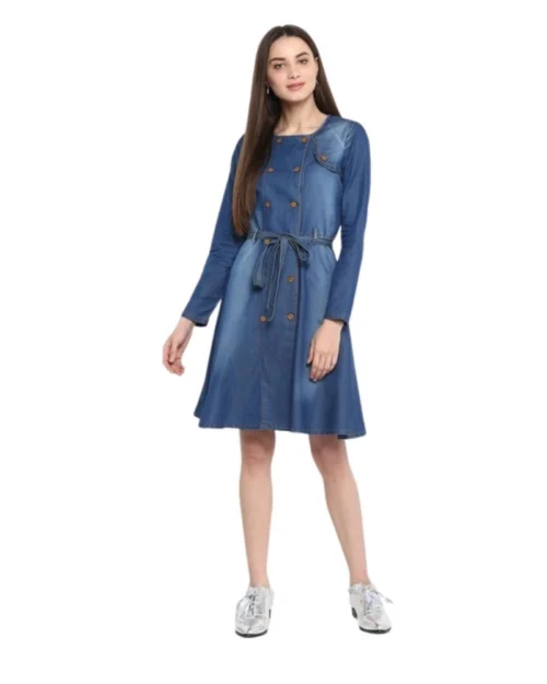 Generic Women's Denim Washed Regular Sleeves Dress (Blue)