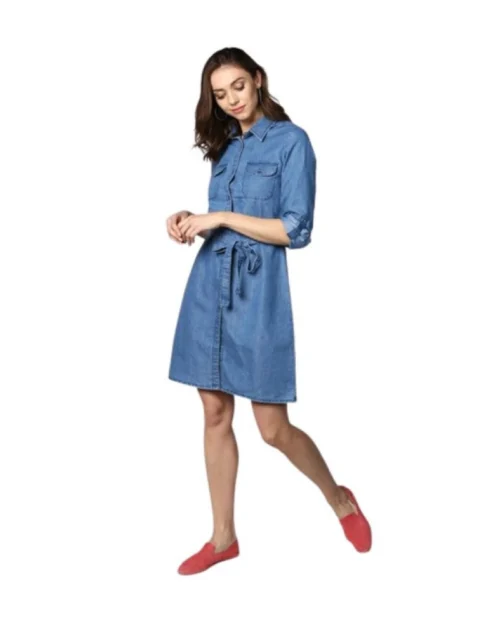 Generic Women's Denim Solid Roll Up Sleeve Dress (Blue)