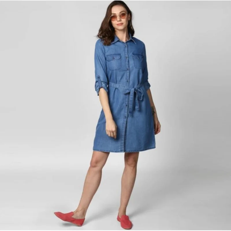 Generic Women's Denim Solid Roll Up Sleeve Dress (Blue)